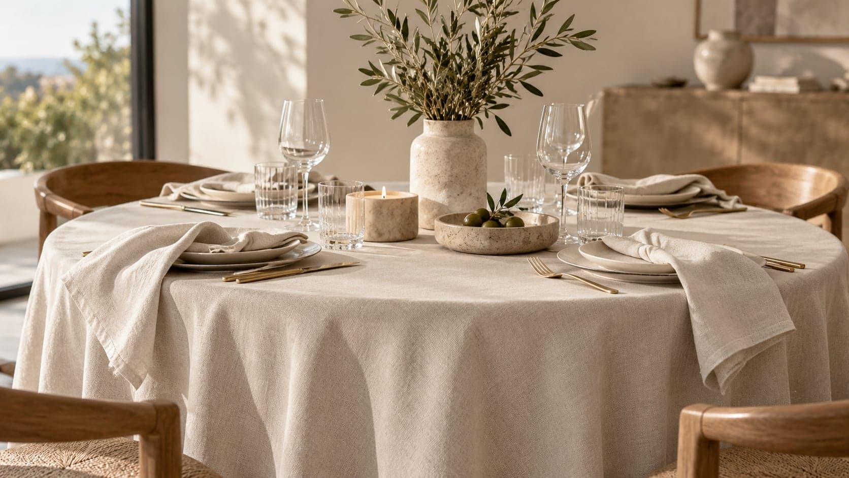 Mesa posta com toalha e guardanapos de linho, velas e ramo de oliveira